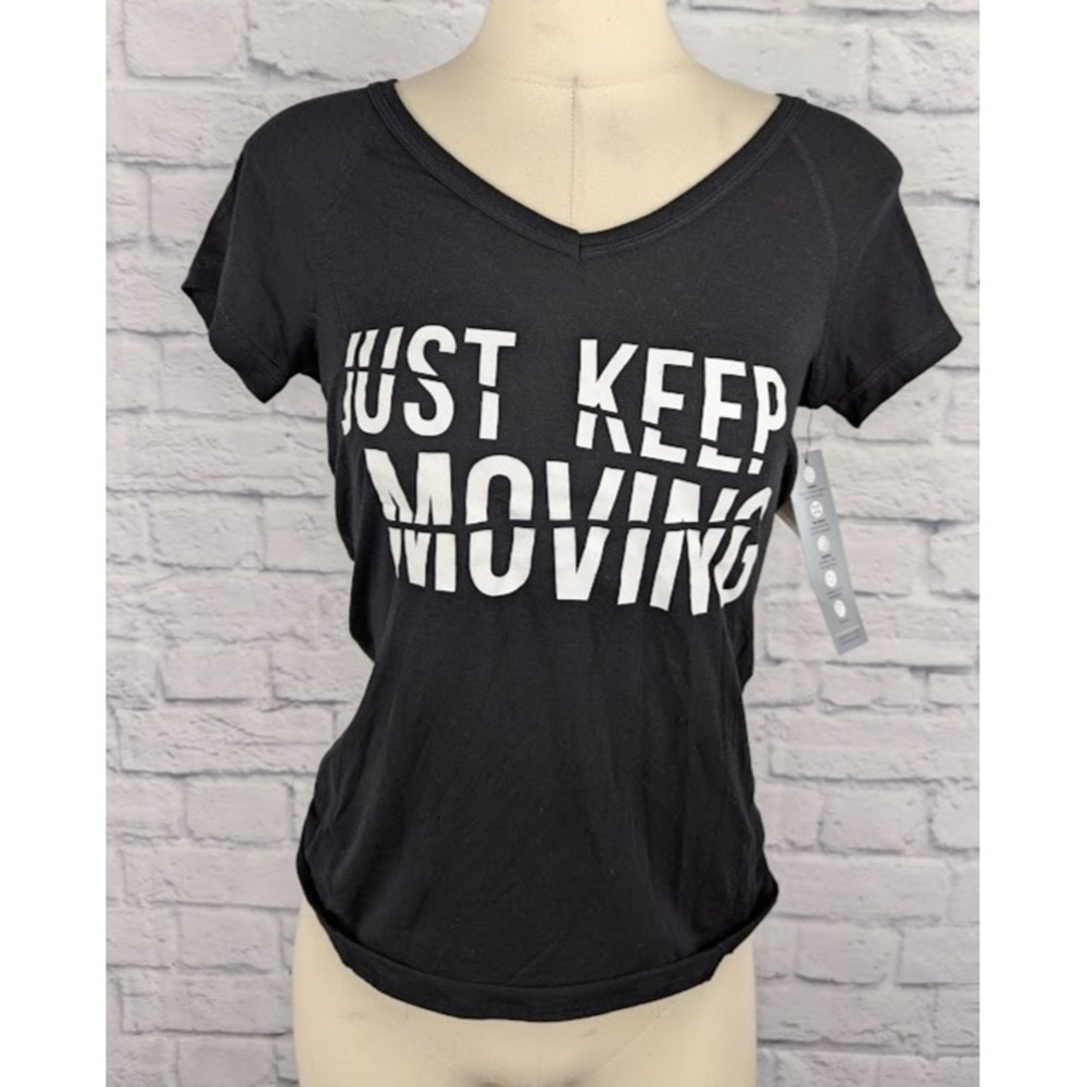 Ideology Womens Graphic Short Sleeve Tee Just Keep Moving Size XS Workout Sheer